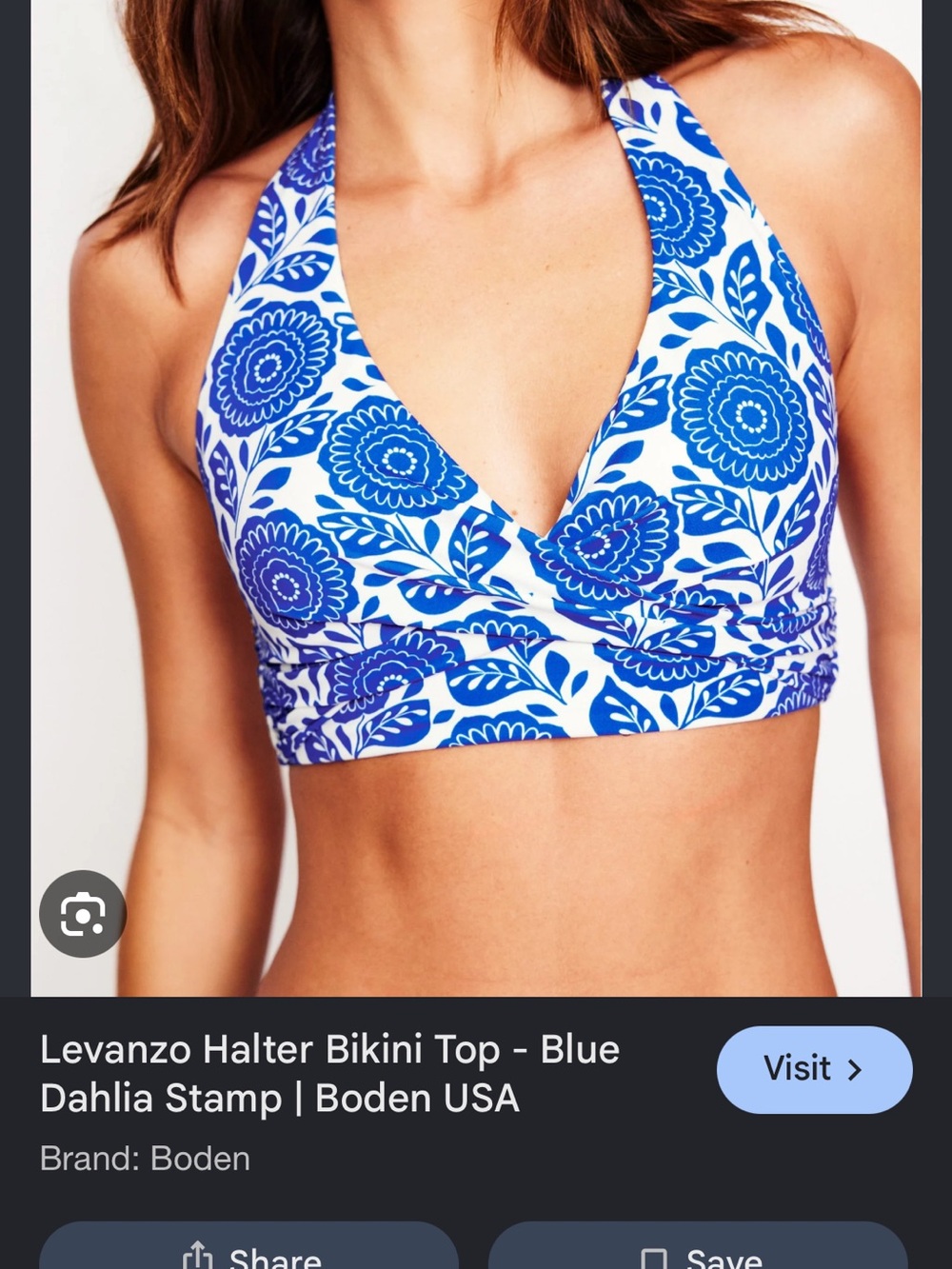 Boden Levanzo Floral Halter Bikini Top Blue Dahlia Stamp